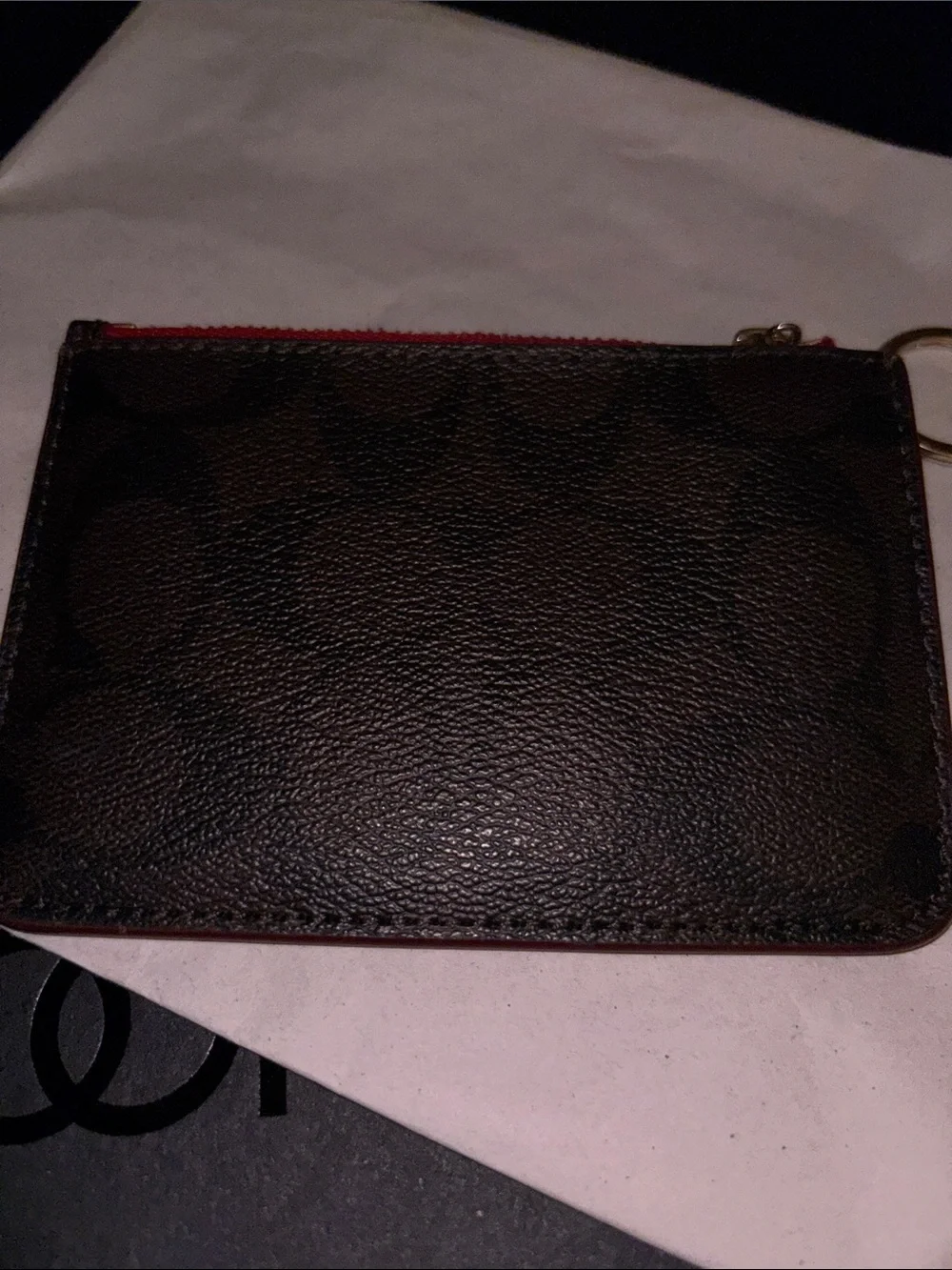 Coach Brown Signature Card Case with Red Zip and Gold Key Ring